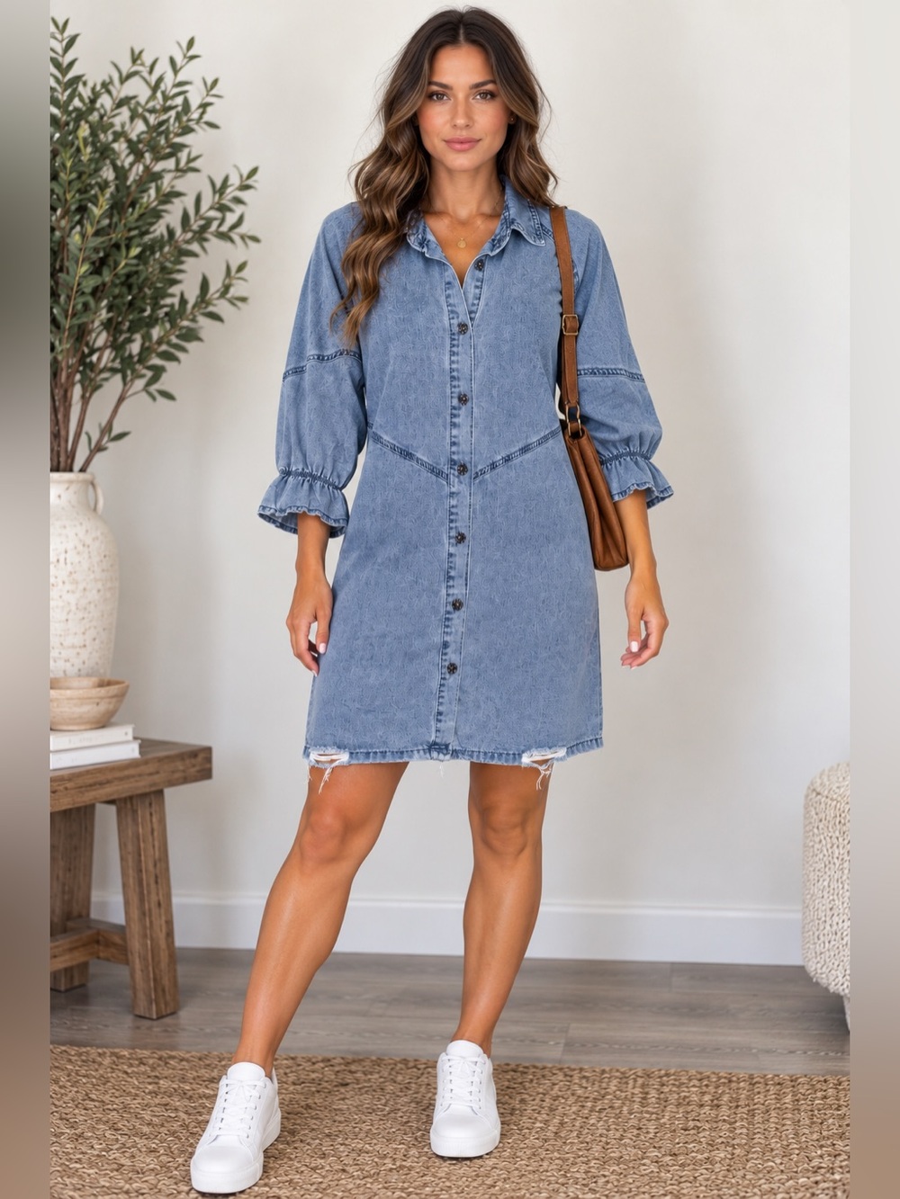 Denim Button Front Shirt Dress Size L Distressed Hem Balloon Sleeve